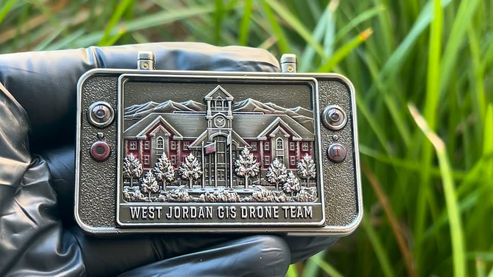 West Jordan GIS Drone Team custom rectangular coin shaped like a drone controller